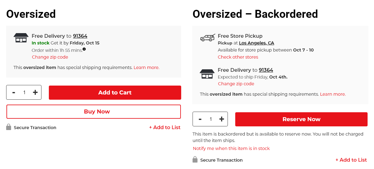 Wireframes showing Oversized and Oversized Backordered states, noting special shipping requirements and a Reserve Now CTA for backordered items